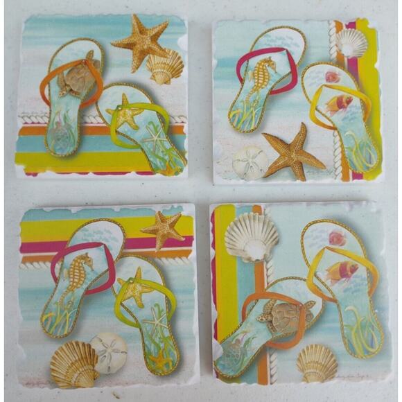 Sandals Flip flops Beach Themed Coasters Set of 4 - Picture 2 of 3